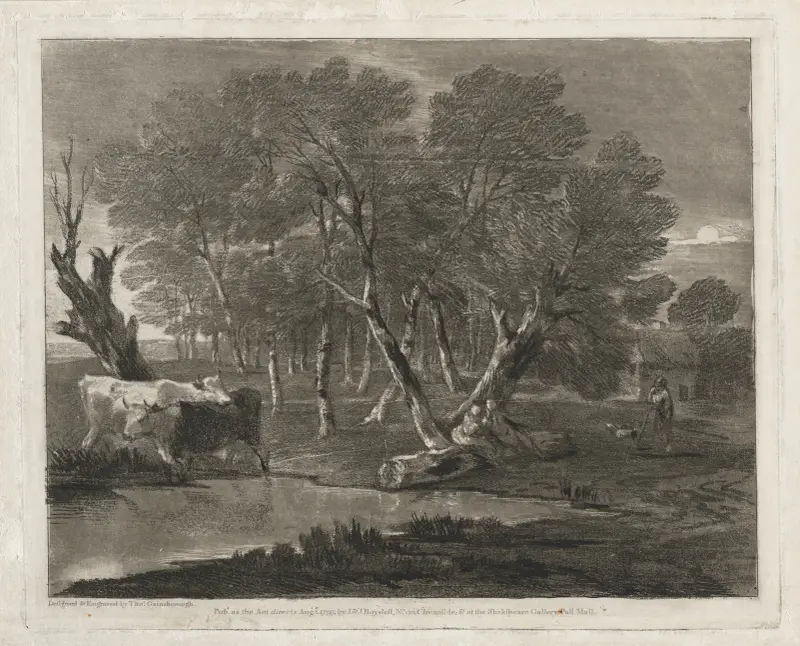 Skogslandskap med kor vid en damm, figurer och stuga av Thomas Gainsborough