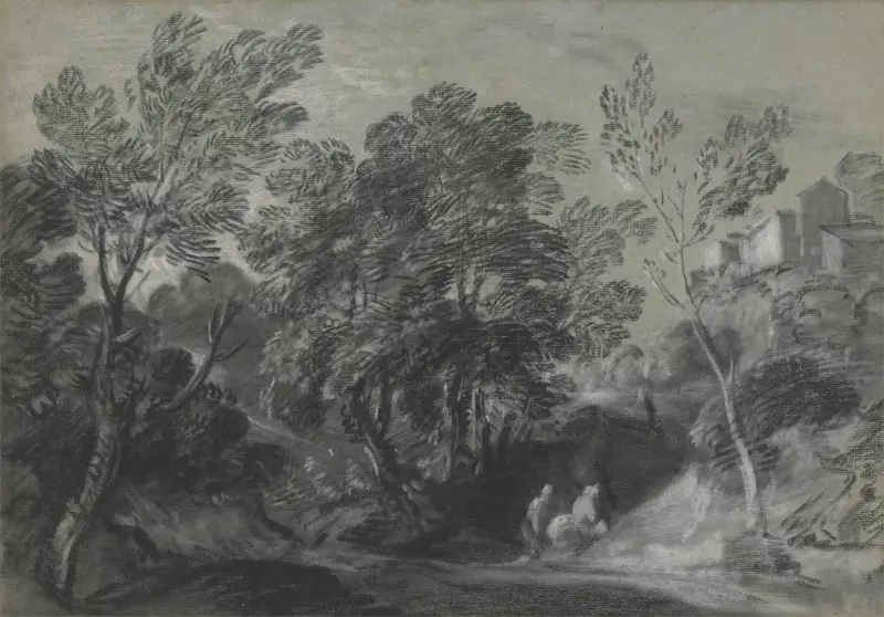 Skogslandskap med figurer och hus på kullen av Thomas Gainsborough