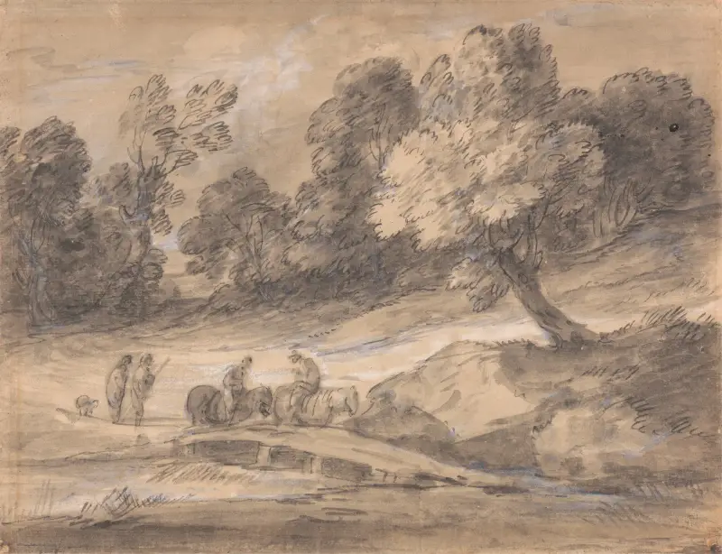 Skogslandskap med ryttare som korsar en bro av Thomas Gainsborough