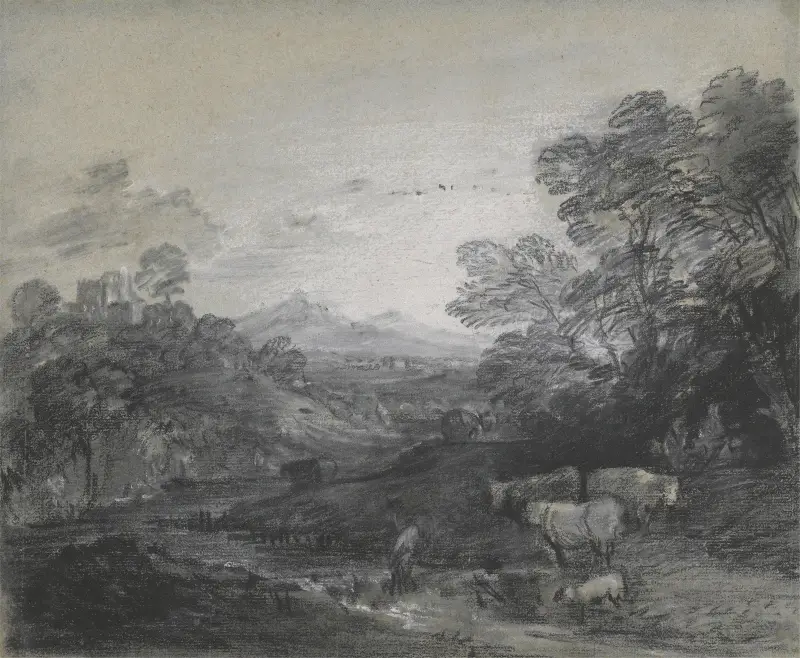 Skogslandskap med herdar och boskap, byggnader på en kulle och rustika älskande av Thomas Gainsborough