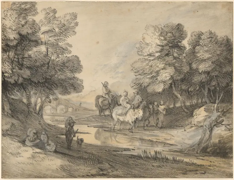 Skogslandskap med ryttare, figurer och bro av Thomas Gainsborough