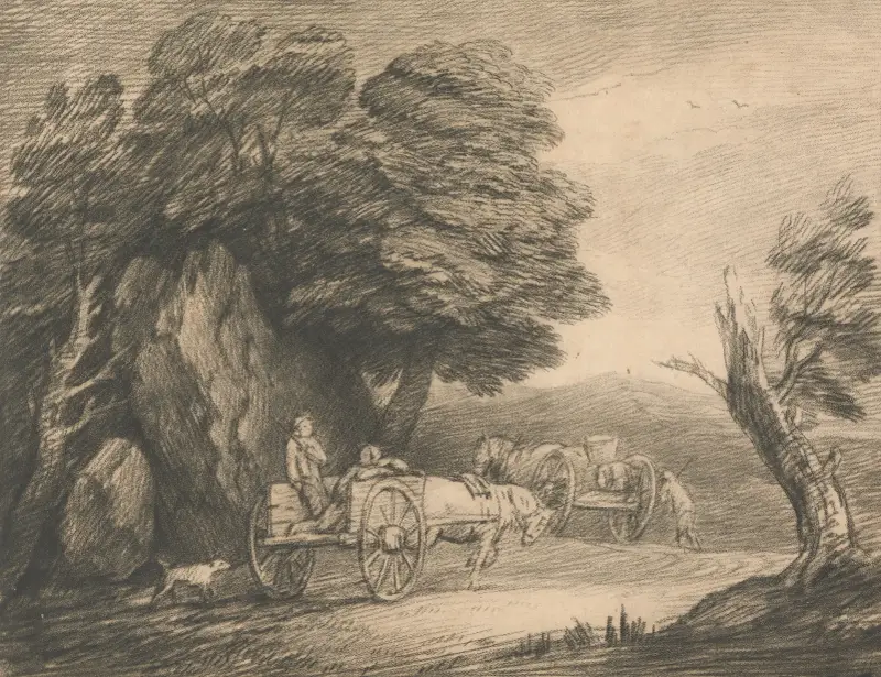 Skogslandskap med två bondkärror och figurer av Thomas Gainsborough