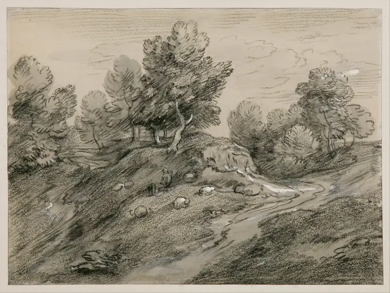 Bewaldete Hochlandschaft mit Hirten, Schafen und einer Landstraße, die sich um einen Hügel windet von Thomas Gainsborough