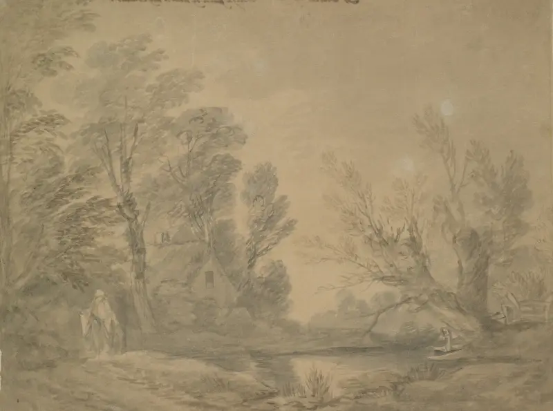 Skogslandskap med ryttare vid en damm nära en stuga av Thomas Gainsborough