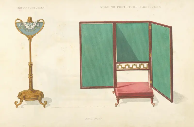Dreibeiniger Kaminschutz mit zusammenklappbarem Fußhocker von Thomas Sheraton