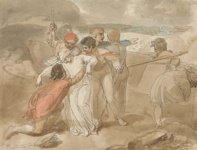 Eine aus dem Meer gerettete Frau, die an Land gebracht wird, mit Ruderboot und Rettern im Hintergrund von Thomas Stothard