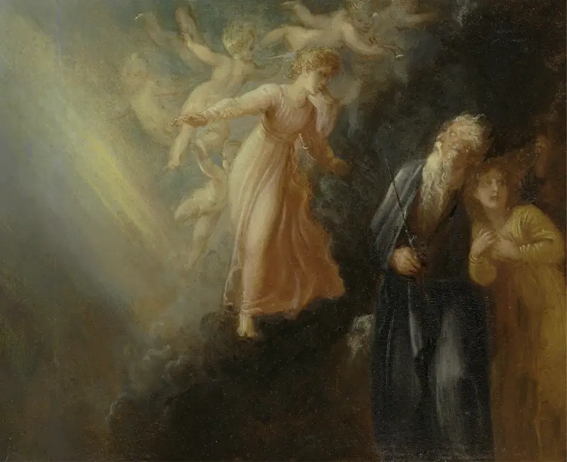 Prospero, Miranda och Ariel, ur 'Stormen', akt I, scen ii av Thomas Stothard