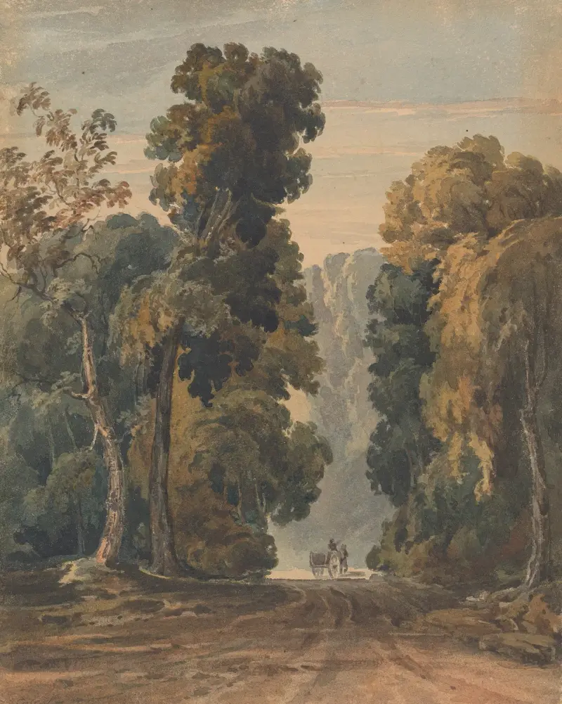 Häst, kärra och kusk på bred, trädkantad väg av Thomas Sully