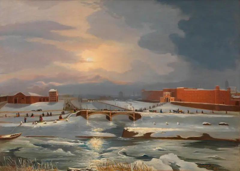 Franz Josephs-kasernen med huvudtullkontoret och Radetzkybron på vintern av Tina Blau