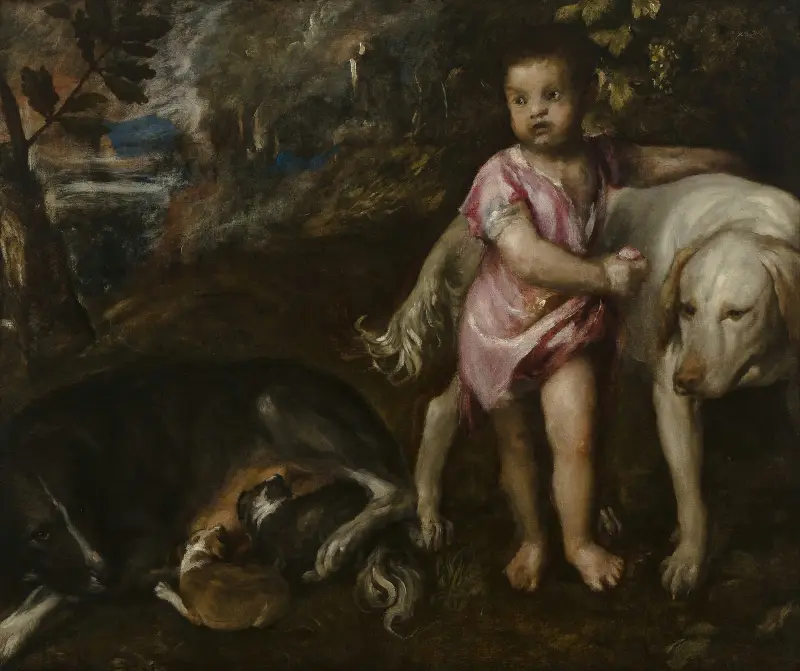 Pojke med hundar i landskap av Titian