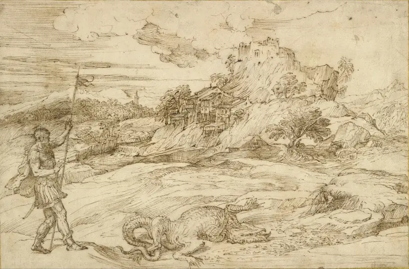 Landschaft mit dem heiligen Theodor, der den Drachen besiegt von Titian