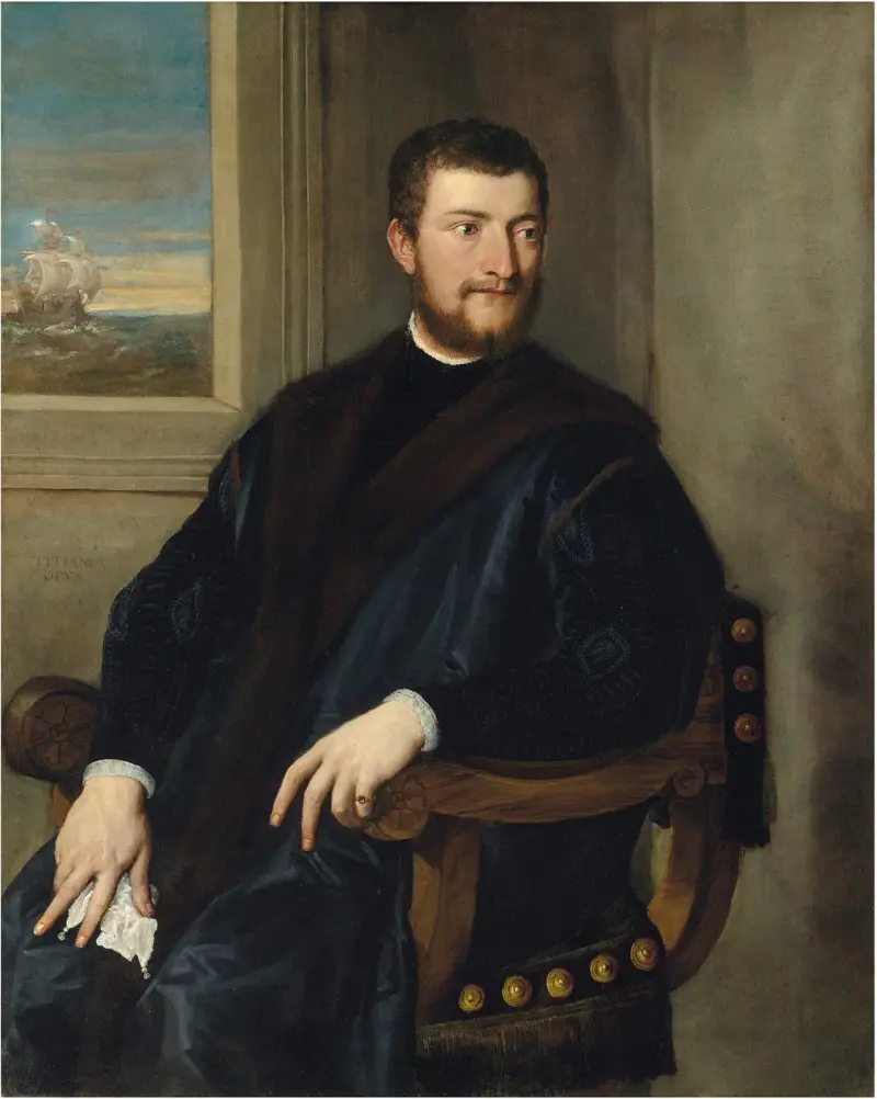 Porträtt av en adelsman, sittande framför ett fönster av Titian
