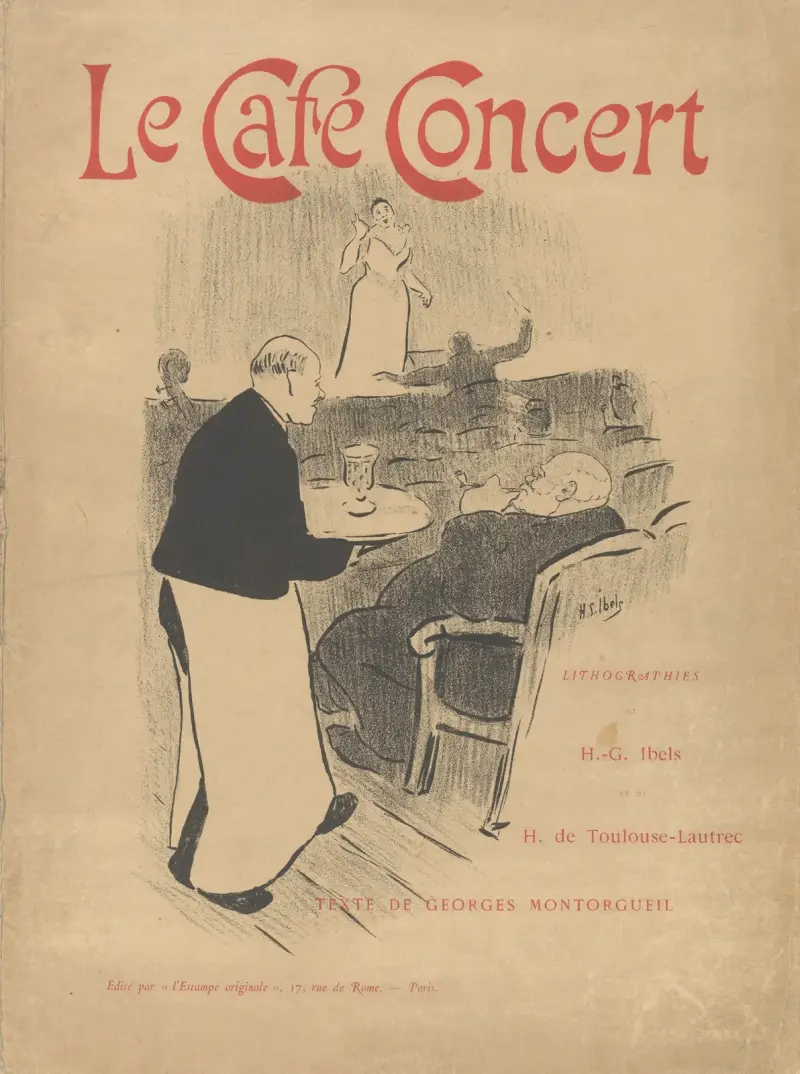 Omslag och titel till portföljen; Le Café Concert av Henri de Toulouse-Lautrec