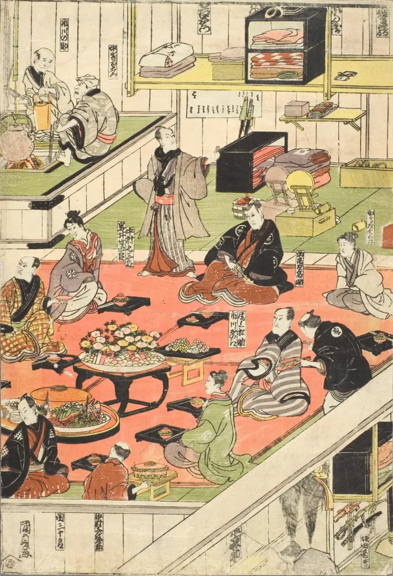 Backstage-firande efter en utsåld föreställning på Nakamura-teatern av Utagawa Kunisada (Toyokuni III)