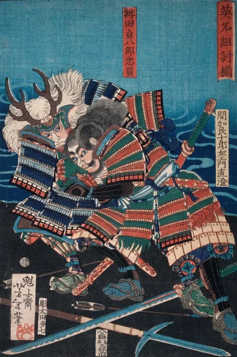 Konda Teihachirō Tadakazu und Makara Jūrōzaemon Naozumi ringen am Wasser von Tsukioka Yoshitoshi