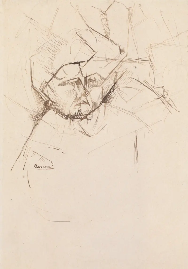 Analytisk studie av ett kvinnohuvud mot byggnader av Umberto Boccioni