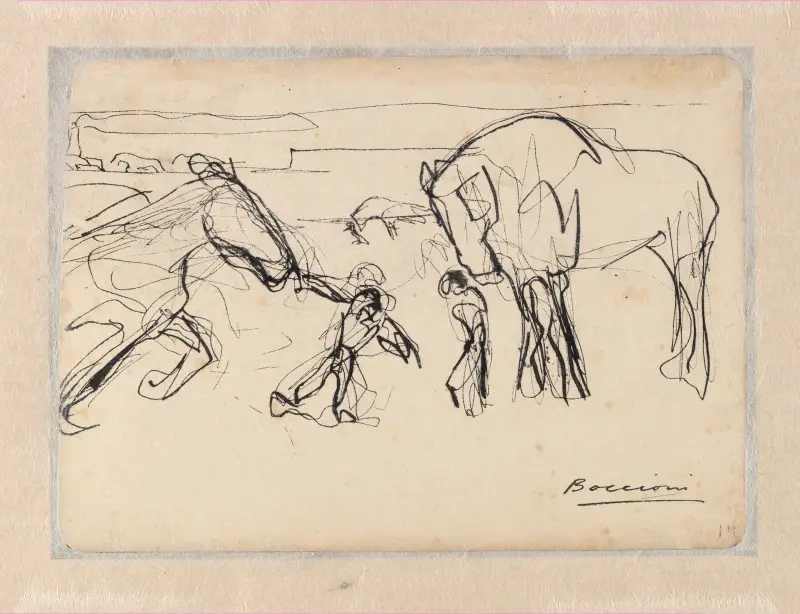 Hästar och figurer i ett landskap av Umberto Boccioni