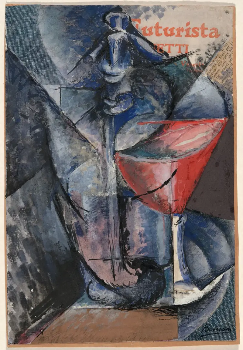Stilleben; glas och sifon av Umberto Boccioni