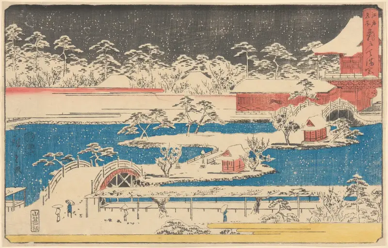 Kameido Temmangu i snö av Utagawa Hiroshige