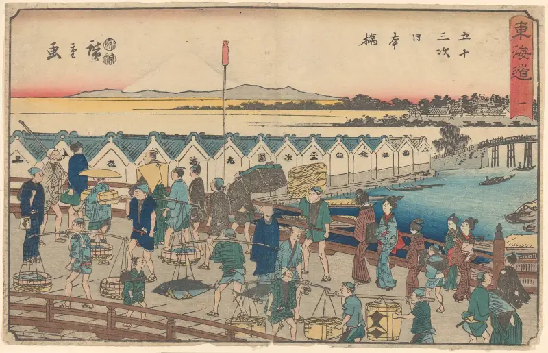 Nihonbashi, bärare och andra på bron (sommarbild) av Utagawa Hiroshige