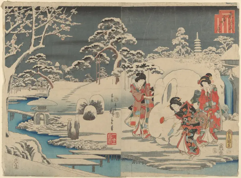 Three Women Making a Snow Rabbit in a Garden, Utagawa Hiroshige