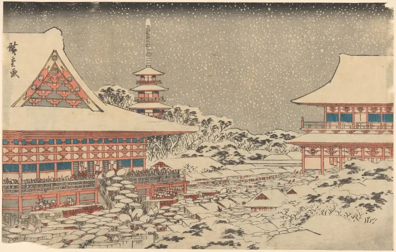 Two Red Pavilions in Snow av Utagawa Hiroshige