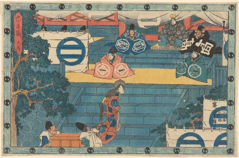 Kvinna och skattbärare (Kaoya och skattbärare med en kista full av hjälmar) av Utagawa Hiroshige