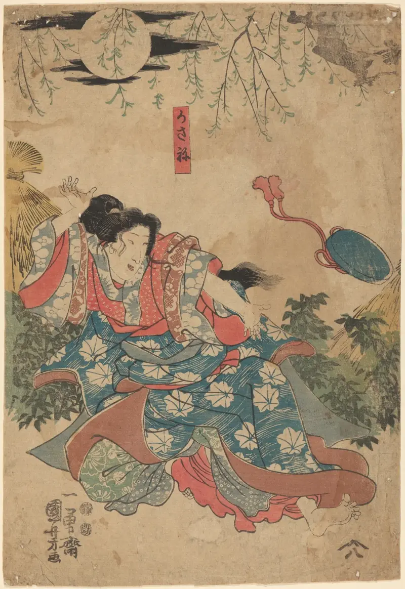Kvinnlig figur som kastar en börs av Utagawa Kuniyoshi