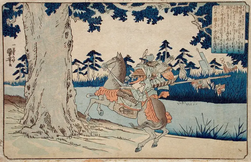 Moriya förföljer prins Shōtoku som försvinner in i ett träd av Utagawa Kuniyoshi