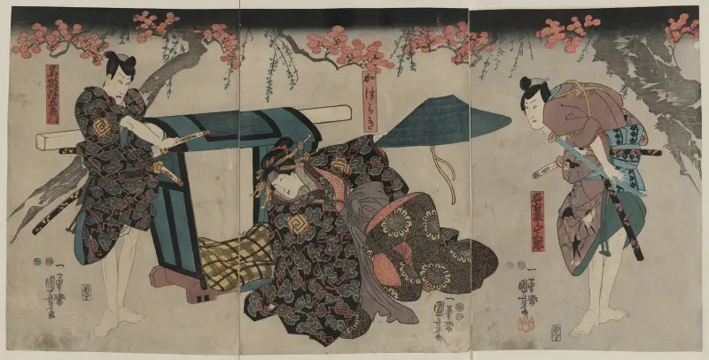 Nagoya Sanzaburō, Fuwa Banzaemon och Katsuragi av Utagawa Kuniyoshi