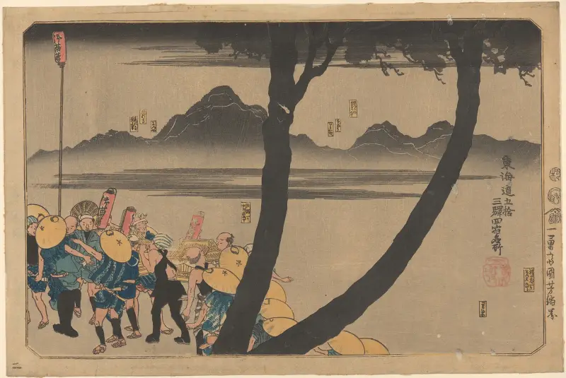 Nocna procesja nad rzeką (rozgałęziony pień drzewa na pierwszym planie), Utagawa Kuniyoshi
