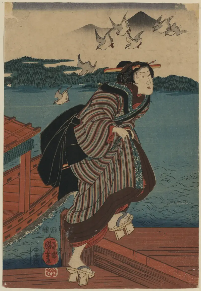Frau auf dem Steg von Utagawa Kuniyoshi
