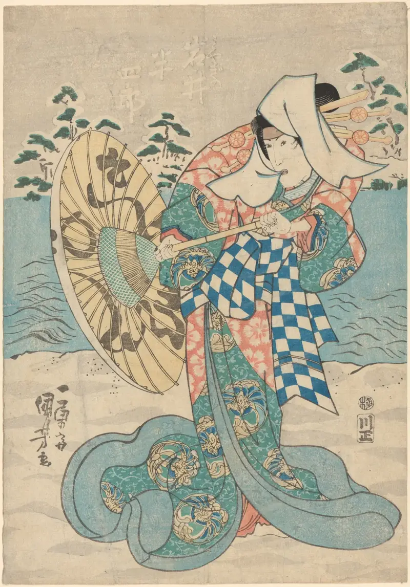 Snölandskap; kvinnogestalt (i flödande blå, grön och rosa dräkt) av Utagawa Kuniyoshi