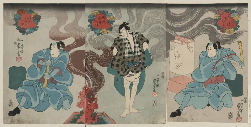 Tamashima Ittō, Tenjiku Tokubei och Tsukimoto Inabanosuke av Utagawa Kuniyoshi