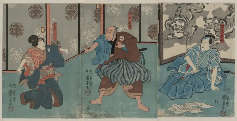Tanizawa Tanomo, page Kihei och tjänarinnan Chiyo av Utagawa Kuniyoshi