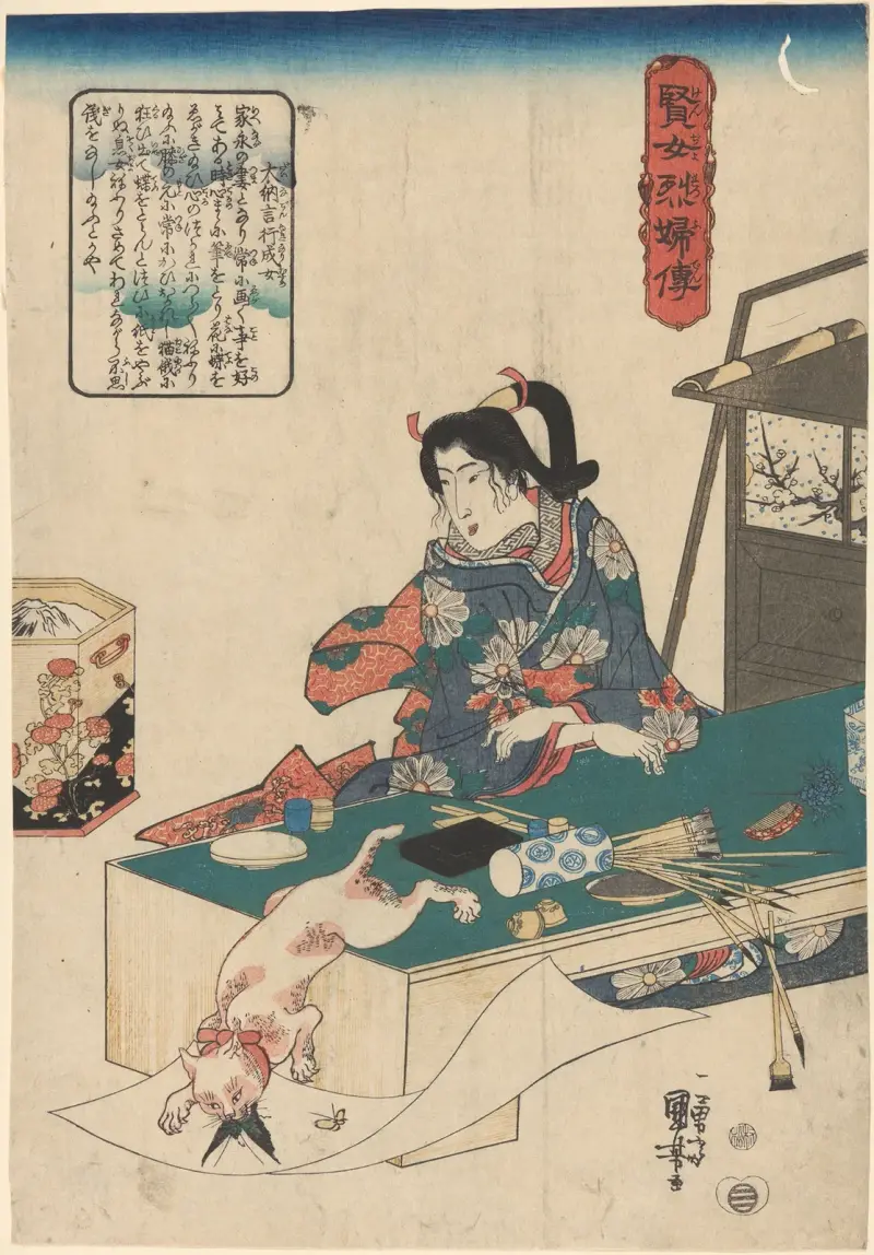 Kvinna vid bord, vit katt som kastar sig över fjäril av Utagawa Kuniyoshi