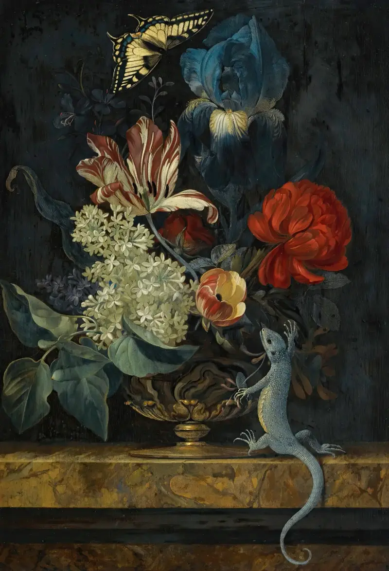 Stilleben med tulpaner och andra blommor i en vas på en marmorhylla, med en ödla och en fjäril av Willem van Aelst