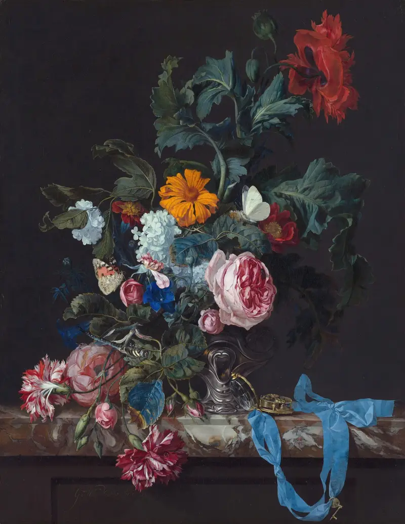 Blumenstillleben mit Uhr von Willem van Aelst