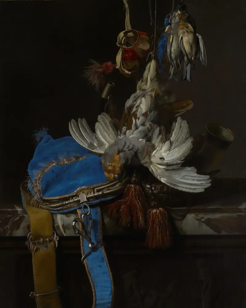 Jagdstillleben mit Samtbeutel auf Marmorplatte von Willem van Aelst