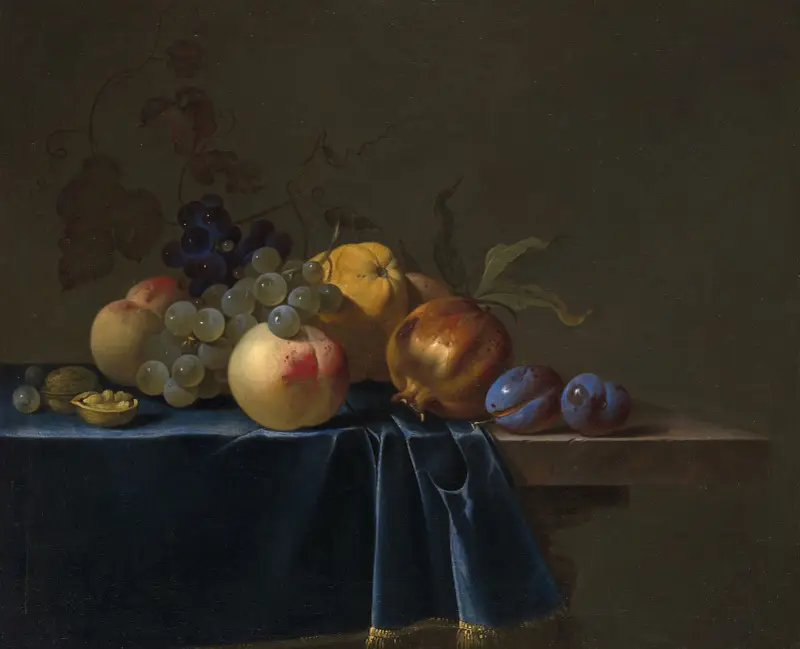 Persikor, vindruvor, granatäpple och plommon på en gesims av Willem van Aelst