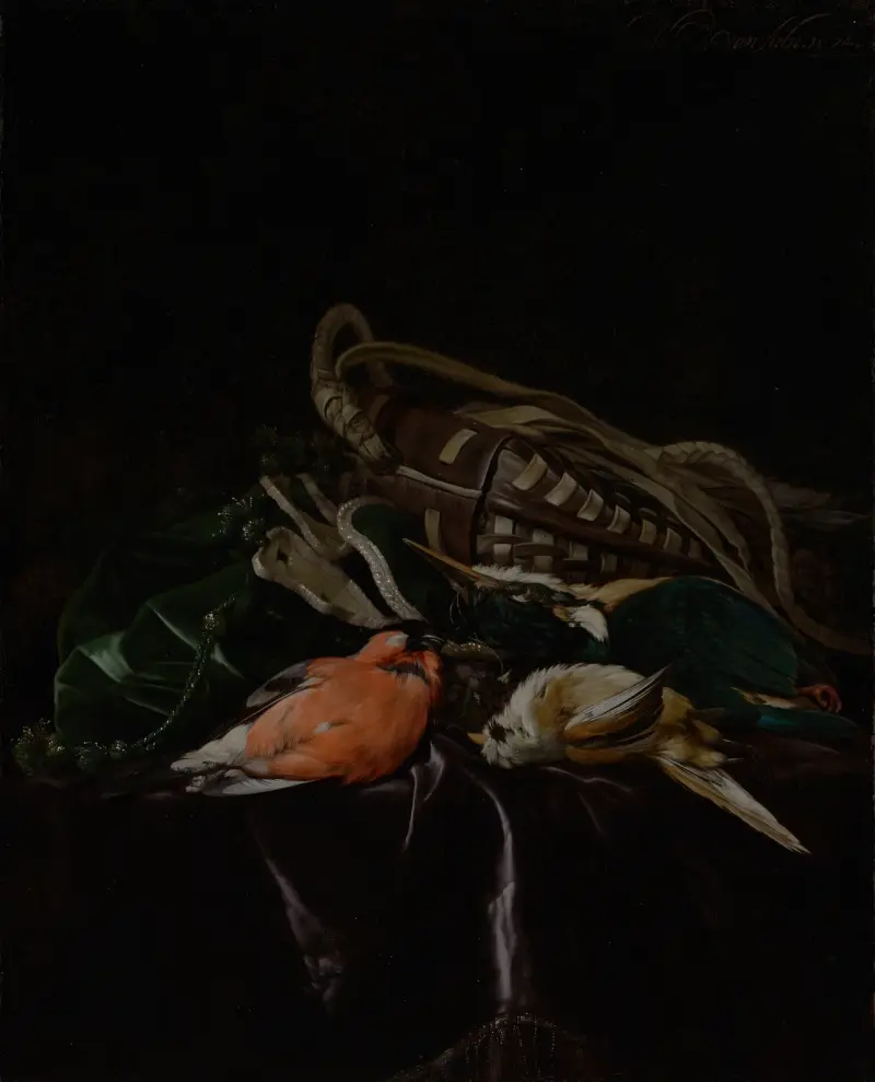 Stilleben med döda fåglar och jaktväska av Willem van Aelst
