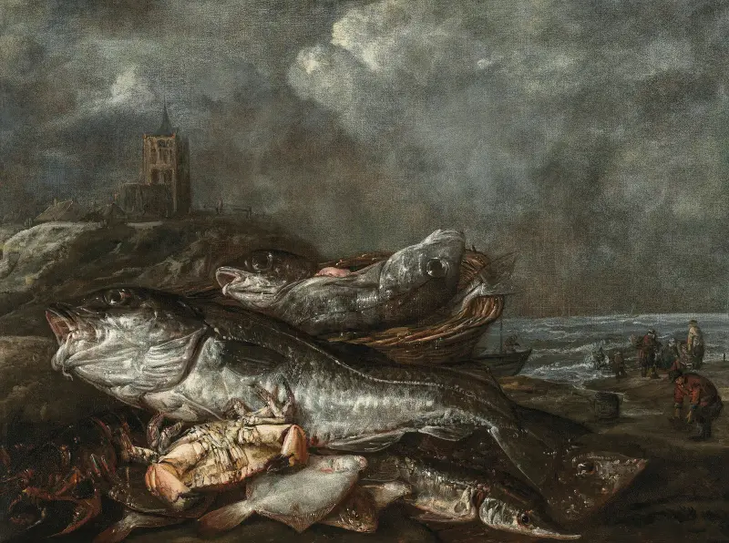 Fisk på stranden vid Egmond av Abraham van Beyeren