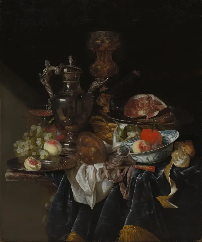 Silver Wine Jug, Ham, and Fruit av Abraham van Beyeren