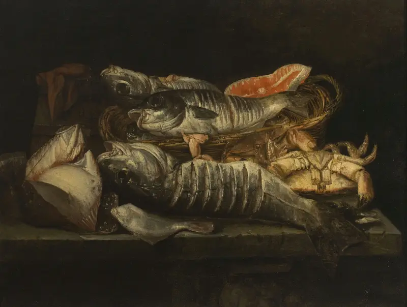 Stilleben med fisk och kräftdjur på ett bord av Abraham van Beyeren