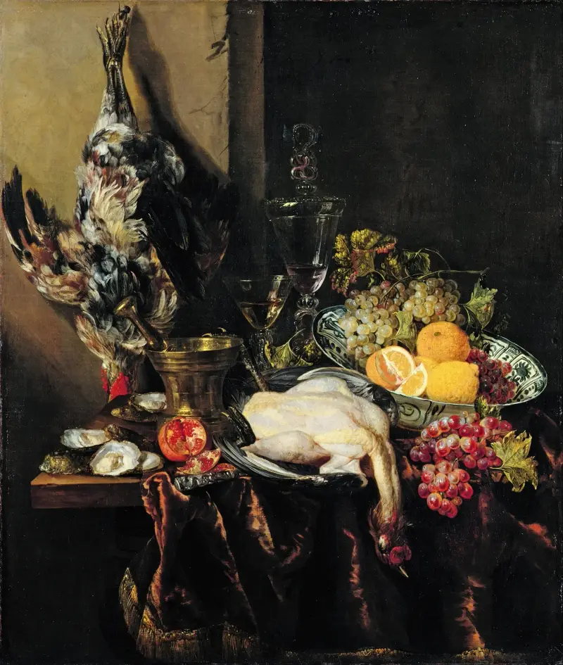 Stilleben med frukt och fågel av Abraham van Beyeren