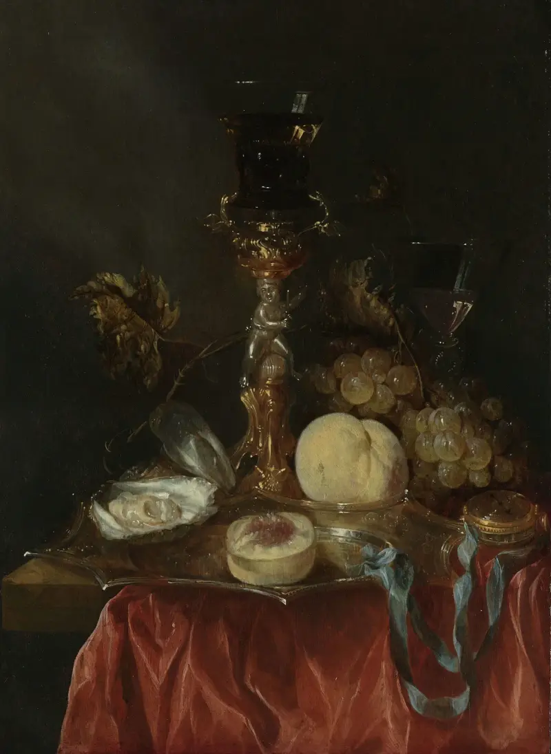 Stilleben med förgyllt glashållare i silver av Abraham van Beyeren