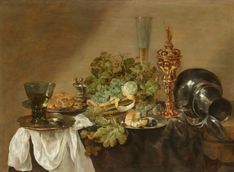 Martwa natura z winogronami, cytrynami, chlebem, kielichem römer i pozłacanym pucharem na stole, Abraham van Beyeren