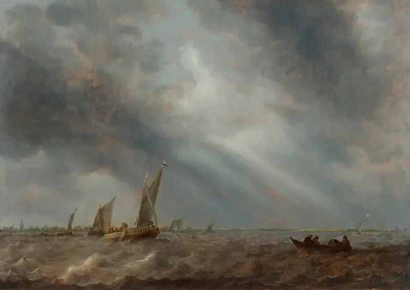 Flera segelfartyg och en roddbåt med fiskare på oroligt vatten under stormig himmel av Abraham van Beyeren