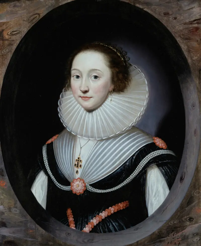 Porträtt av en kvinna med pipkrage och svart klänning av Cornelis Jonson van Ceulen