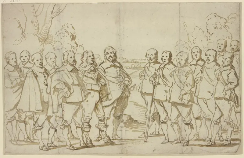 En samling män, alla med skor och strumpor, endast en med stövlar av Anthony van Dyck